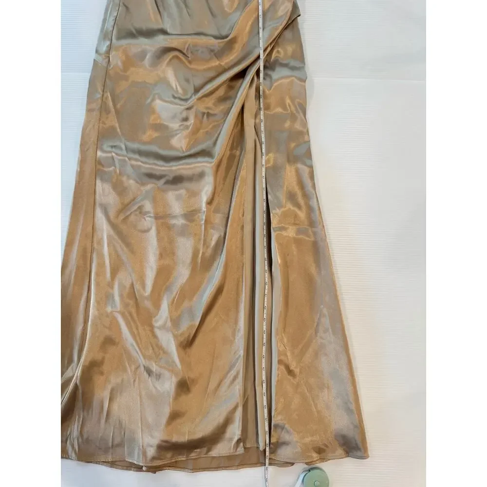 Azazie Leonis Champagne Gold Metallic Satin Mermaid Gown NWT A8 Formal Evening - Picture 12 of 16